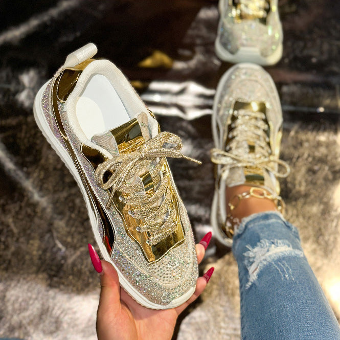 Full Diamond Thick Bottom Designer Casual Shoes sneakers with Lace up Women's Fashion Sports Shoes Pink Printed Women's Luxury Flat Shoes High Quality