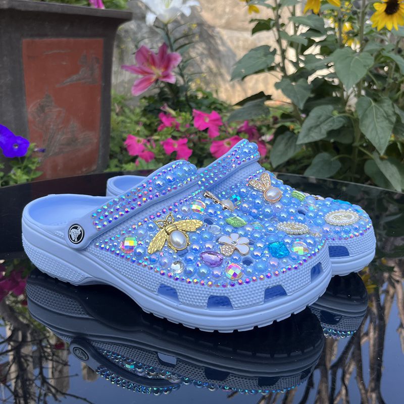 Fully Handmade Bling Rhinestone Clogs - Sky Blue