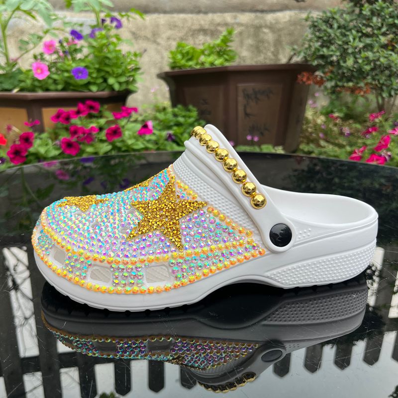 Handmade Bling Rhinestone Star Clogs - White & Gold