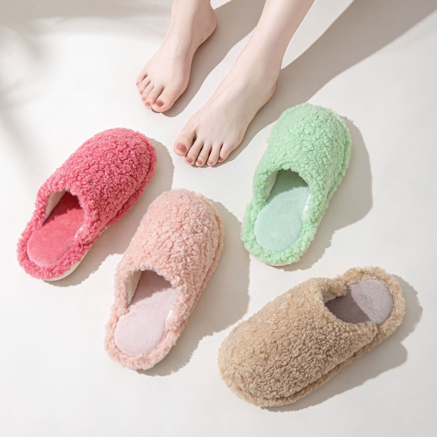 Candy-colored indoor furry slippers