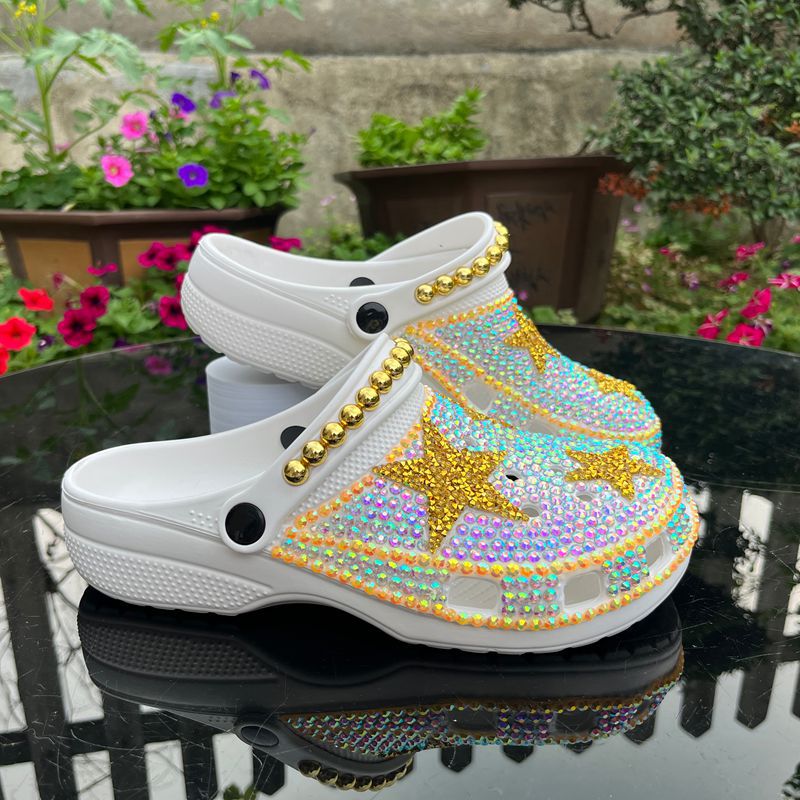 Handmade Bling Rhinestone Star Clogs - White & Gold