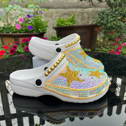 Handmade Bling Rhinestone Star Clogs - White & Gold