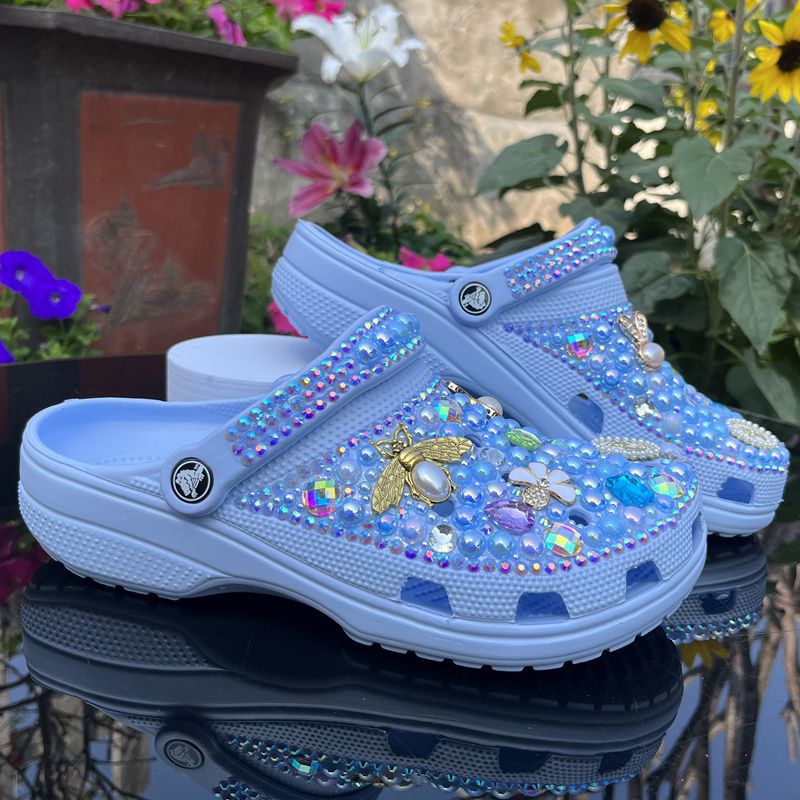 Fully Handmade Bling Rhinestone Clogs - Sky Blue
