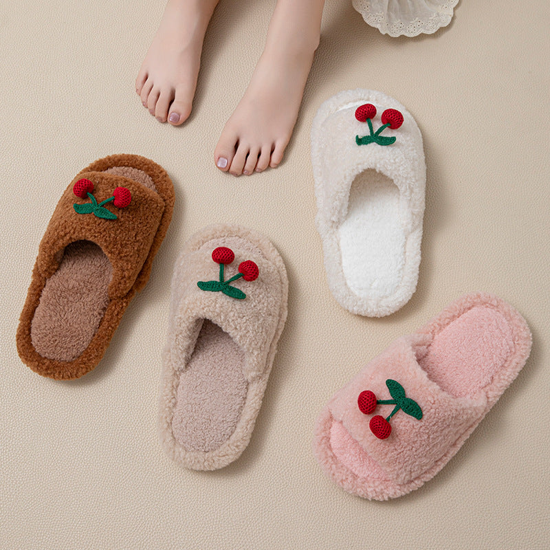 Wholesale fluffy cherry plush slippers for women