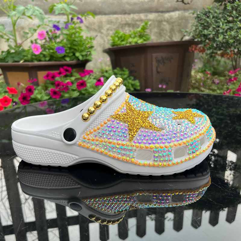 Handmade Bling Rhinestone Star Clogs - White & Gold