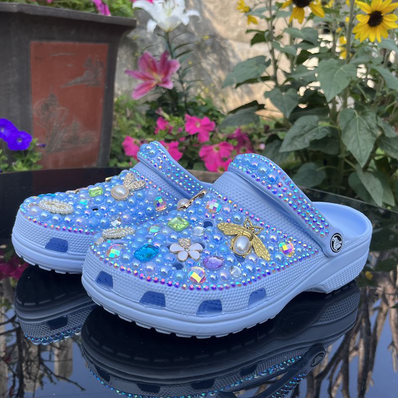 Fully Handmade Bling Rhinestone Clogs - Sky Blue