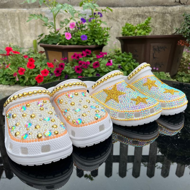 Handmade Bling Rhinestone Star Clogs - White & Gold