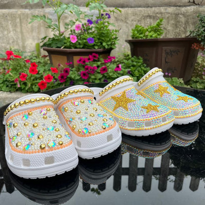 Handmade Bling Rhinestone Star Clogs - White & Gold