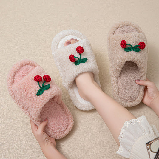 fluffy cherry plush slippers for women