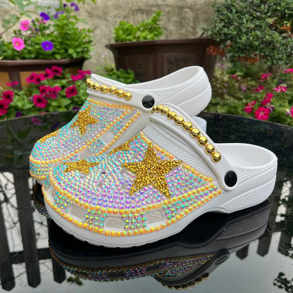 Handmade Bling Rhinestone Star Clogs - White & Gold
