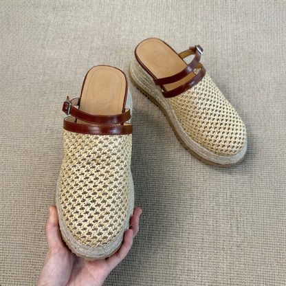 Raffia thick-soled slippers