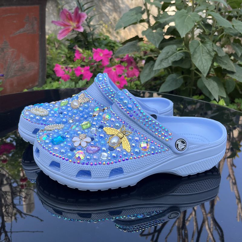 Fully Handmade Bling Rhinestone Clogs - Sky Blue