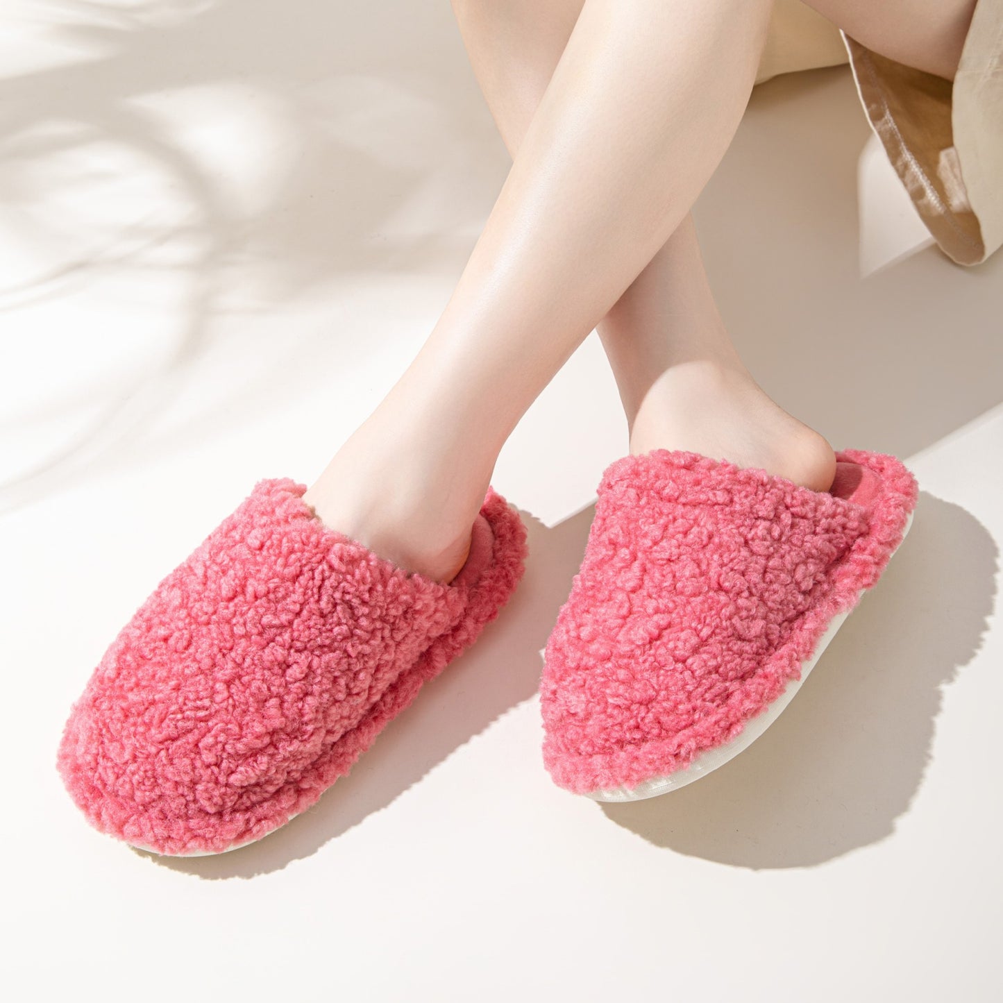 Candy-colored indoor furry slippers