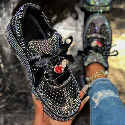 Women's Luxury Sports Shoes Crystal metal decoration Flat Shoes Lace up Water Diamond Fashion Designer Casual Shoes Zapatos Mujer Shiny outdoor