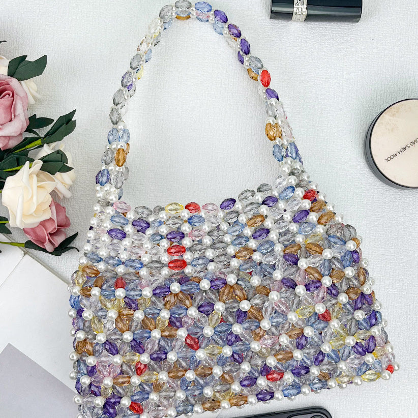 Handwoven Colorful Beaded Evening Bag for Women | Iridescent Bead Top-handle Clutch Handbag
