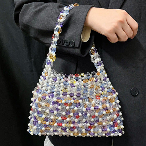 Handwoven Colorful Beaded Evening Bag for Women | Iridescent Bead Top-handle Clutch Handbag