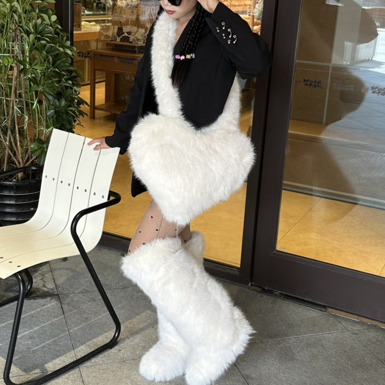 Women's 2Pcs Winter Set - Heart-Shaped Tote Bag with Over-the-Knee Faux Fur Snow Boots