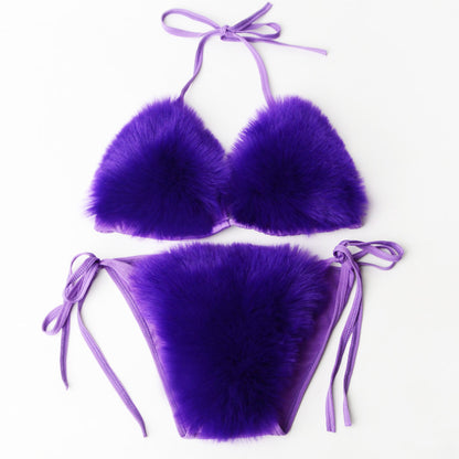 Women's Faux Fur Sporty Bikini Set - Solid Color Plush Fluffy Swimwear