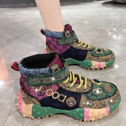 Women's Fashion Shoes Luxury Rhinestones Sneakers Diamonds Embellished Thick Bottom Non Slip Running Shoes Winter Warm Shoes Designer