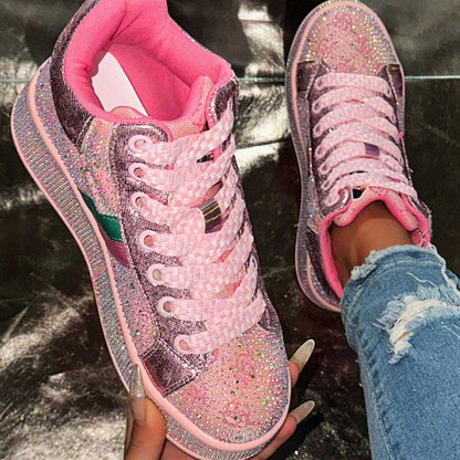 Designer Shiny Sequins Chunky Platform Sneakers Women Breathable Lace Up Height Increase Shoes Woman Fashion Cute Pink Sneakers Luxury high-quality