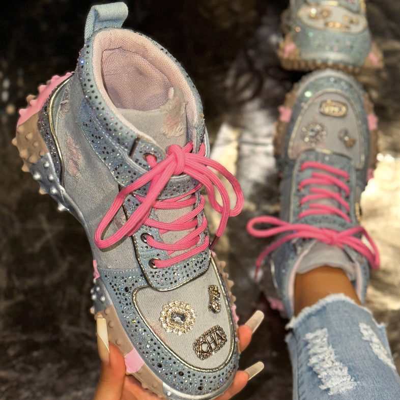 Designer Shiny Sequins Chunky Platform Sneakers Women Breathable Lace Up Height Increase Shoes Woman Fashion Cute Pink Sneakers Luxury