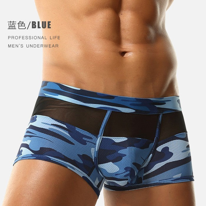 Wholesale Men's Elastic Breathable Boxer Trunks Underwear Camouflage Mesh Splicing Panties