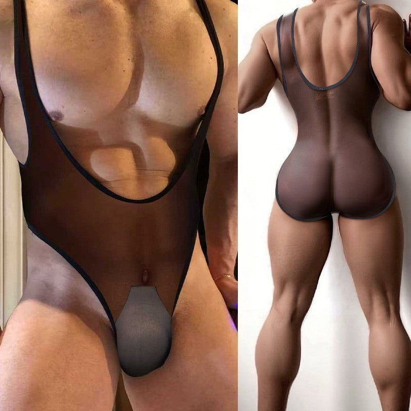 Wholesale Mens Sexy Transparent Leotard Bodysuit, See-through Slim Jumpsuit Gay Underwear